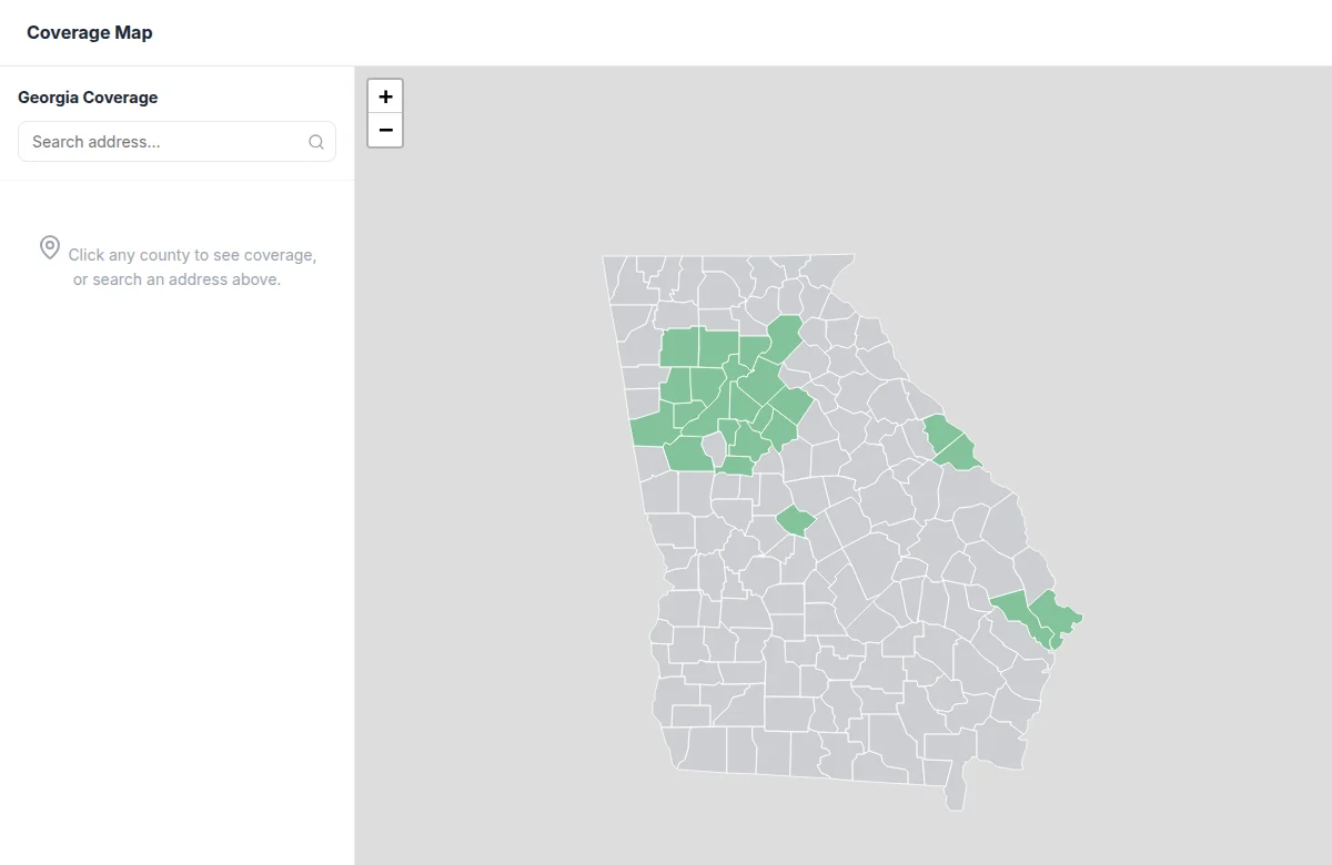 Coverage Map showing county-level process server coverage across Georgia