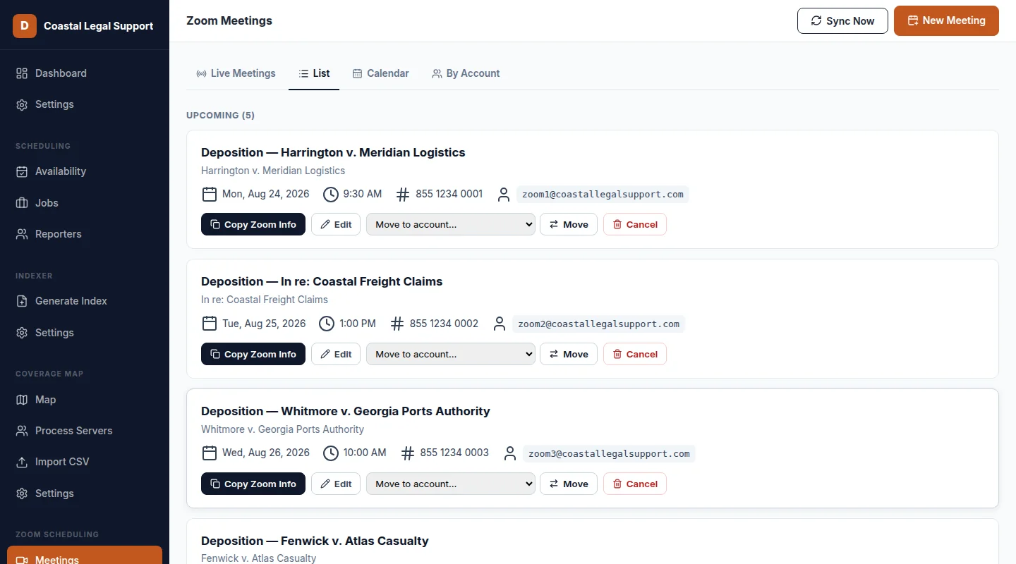 ZoomSync list view showing scheduled Zoom meetings across an agency's connected accounts
